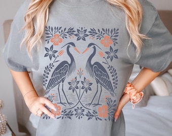 Blue Heron Block Print T-Shirt: Vintage Bird Lover Comfort Colors Tee