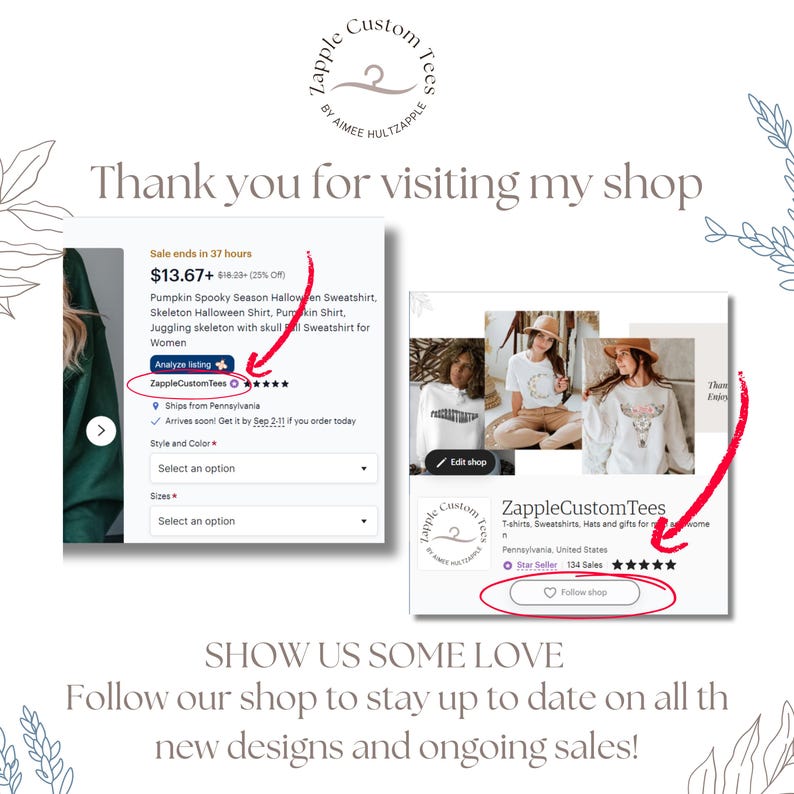 K&ouml;nnte beinhalten: Ein Screenshot einer Etsy-Shop-Seite f&uuml;r ZappleCustomTees. Der Shop verkauft T-Shirts, Sweatshirts, H&uuml;te und Geschenke. Der Shop hat eine 5-Sterne-Bewertung und 134 Verk&auml;ufe. Der Shop befindet sich in Pennsylvania, USA. Der Shop bietet einen Sale auf ein K&uuml;rbis-Sweatshirt f&uuml;r 11,06 &euro; an.