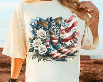 Maglietta con stivali da cowboy floreali: maglietta patriottica vintage del 4 luglio