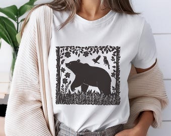 Boho Bear Print T-Shirt: Linocut Style Woodland Tee