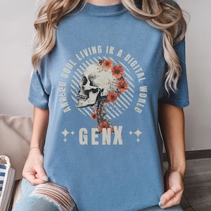 Retro GenX T-Shirt in Blue Jean. Features vintage-inspired design for analog soul in a digital world. Ideal for nostalgic Generation X