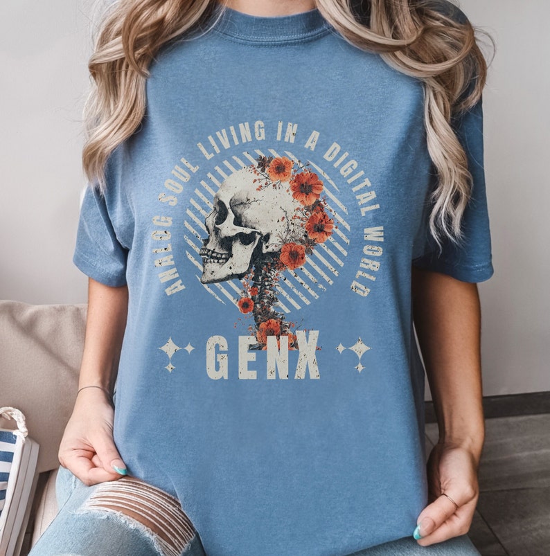 Retro GenX T-Shirt in Blue Jean. Features vintage-inspired design for analog soul in a digital world. Ideal for nostalgic Generation X