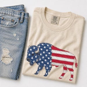 Distressed Faux Patchwork Buffalo USA Flag Comfort Colors Shirt, Vintage Patriotic Graphic Tee, American Shirt, 4th of July Shirt