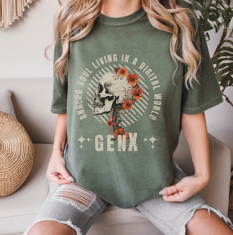 Retro GenX T-Shirt in Sage. Displays vintage-inspired design for analog soul in a digital world. Perfect for daily wear and Gen X
