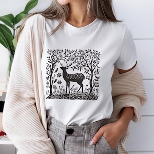 Deer Linocut style Print, Cute woodland deer with bird and flowers tshirt.