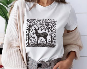 T-shirt imprimé chevreuil linogravure : t-shirt bohème animal de la forêt