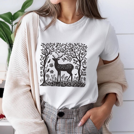 Deer Linocut Print T-Shirt: Boho Woodland Animal Tee