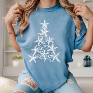 Star Fish Christmas Tree Unisex Garment-Dyed T-shirt, Beachy Christmas Shirt, Holiday Beach Tee, Coastal Style Top, Festive Ocean Apparel