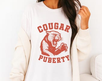 Cougar Puberty vintage T-Shirt Gag Gift for Perimenopause Meme Woman Retro Fun Shirt Mom Joke Mature Women Menopause Therapy Support Top