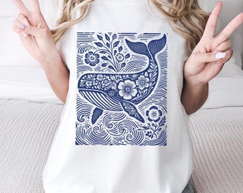 Blumen Wal T-shirt, Linoldruck, Boho Strand Shirt
