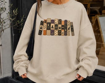 Faux Patchwork Witchy Book Spine Sweatshirt, Cottagecore Bookish Whimsigoth Book Lover Gift, Dark Academia Halloween Sweatshirt for Reader
