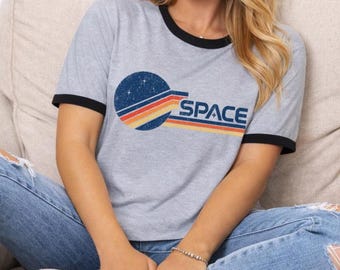 Retro Space Ringer Tee: 70s Style Cosmic Planet Shirt