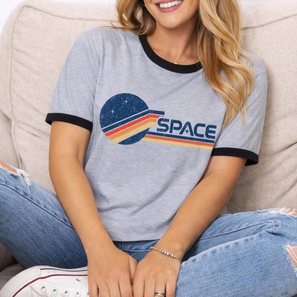 Retro Space Ringer Tee: 70s Style Cosmic Planet Shirt