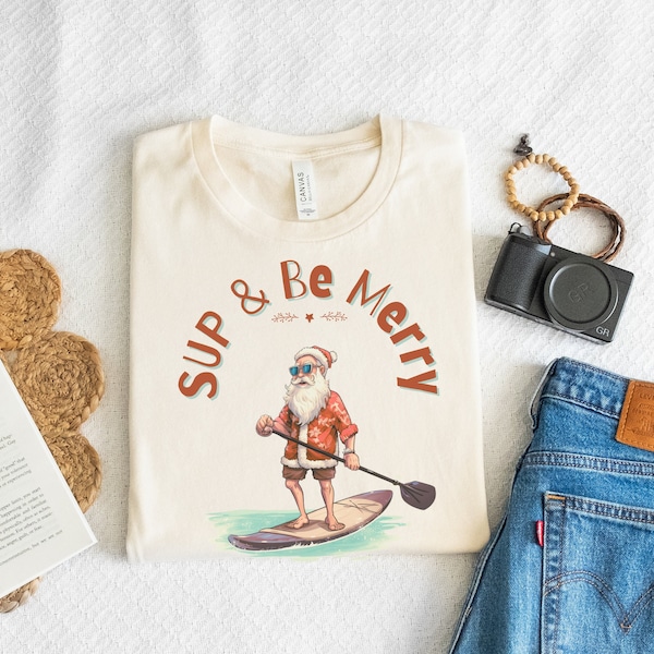 SUP and Be Merry stand up paddle boarding Santa shirt in a vintage style, Standup Paddle boarding christmas shirt, Paddle board gift idea