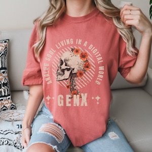 Retro GenX T-Shirt in Cumin. Showcases vintage-inspired design for analog soul in a digital world. Comfortable and stylish for Gen Xers