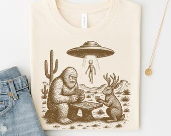 Maglietta vintage Bigfoot Jackalope UFO: divertente maglietta fantascientifica