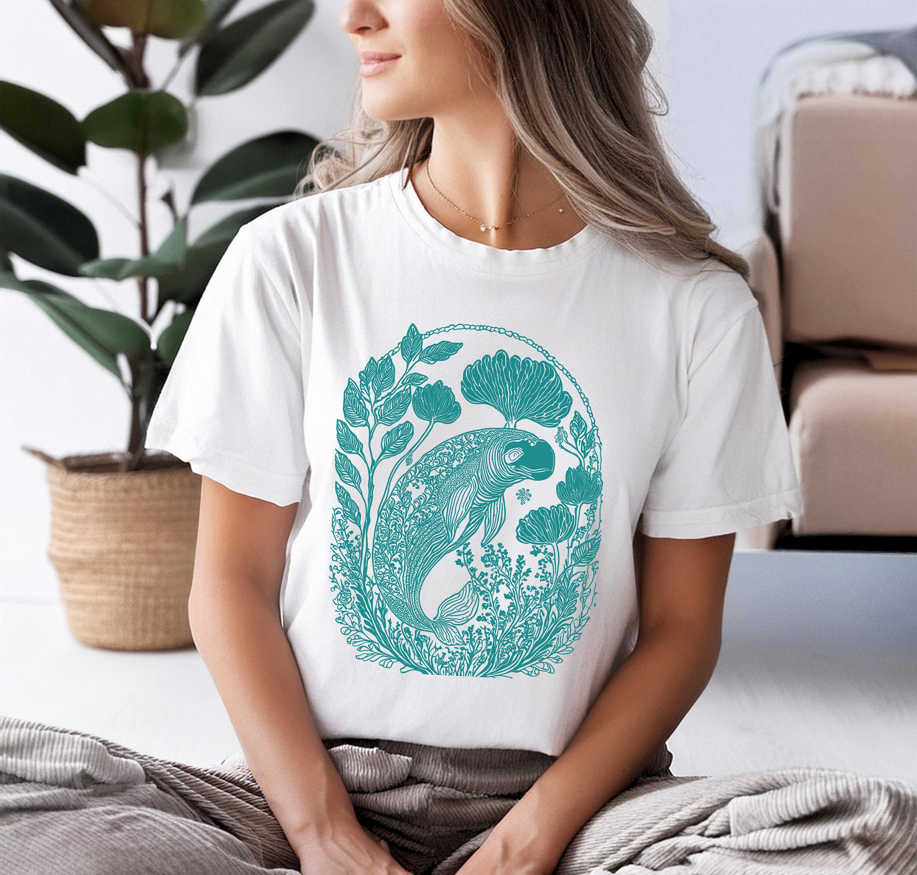 Floral Manatee T-shirt, Block Print Tee, Linocut Style Shirt
