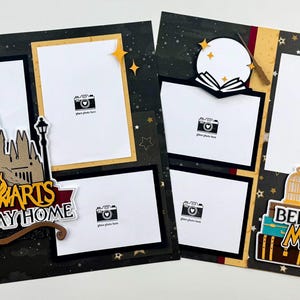 May include: Two scrapbook pages featuring black backgrounds with gold star patterns, white photo frames, and die-cut embellishments. Text reads HOGWARTS IS MY HOME and BELIEVE IN MAGIC, accompanied by illustrations of a castle, broom, wand, and trunks.