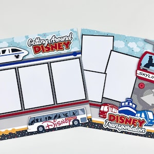 May include: Two scrapbook pages with a Disney theme. One page features a train and the text "Getting Around Disney." The other page shows a Skyliner and Disney Transportation vehicles. Both pages have photo spaces and decorative elements.