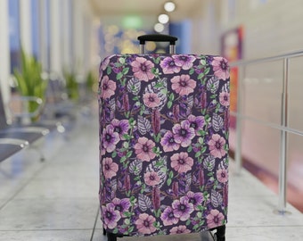 May include: A purple suitcase cover with a floral pattern featuring pink and purple flowers. The suitcase cover is made of a soft, durable material and is designed to protect your luggage from scratches and scuffs.
