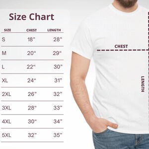 May include: Size chart for t-shirts with measurements in inches for chest and length. Sizes range from S to 5XL.