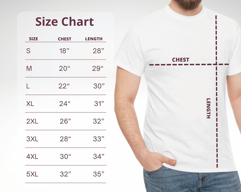 May include: Size chart for t-shirts with measurements in inches for chest and length. Sizes range from S to 5XL.