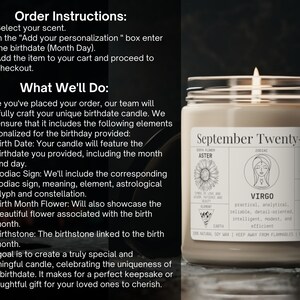 May include: A lit candle in a glass jar with a label that reads "September Twenty-First." The label includes the birth flower, zodiac sign, birthstone, and astrological information. The candle is made with natural soy wax.