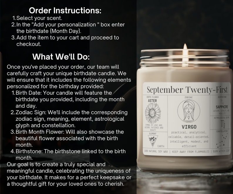 May include: A lit candle in a glass jar with a label that reads "September Twenty-First." The label includes the birth flower, zodiac sign, birthstone, and astrological information. The candle is made with natural soy wax.