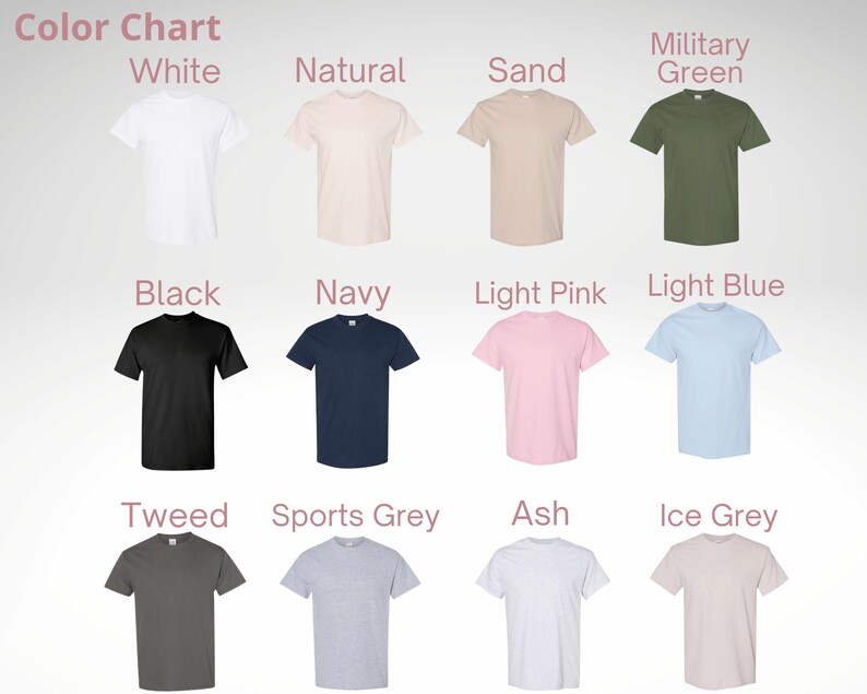 Puede incluir: Carta de colores que muestra 12 colores de camiseta diferentes: blanco, natural, arena, verde militar, negro, azul marino, rosa claro, azul claro, tweed, gris deportivo, ceniza y gris hielo.