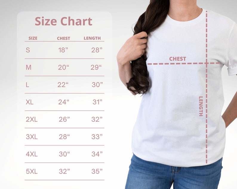 Puede incluir: Tabla de tallas para una camiseta con medidas en pulgadas para el pecho y la longitud. Las tallas van de la S a la 5XL.