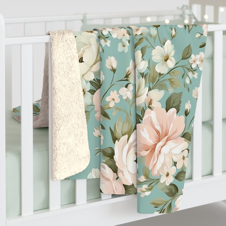 Shabby Chic Floral Sherpa Fleece Blanket, Mint Green Throw Blanket, Housewarming Gift Etsy