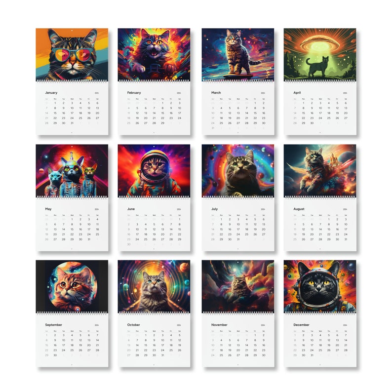 Cat Standard Wall Calendar 2024, Space Cat Trippy Psychedelic Calendar