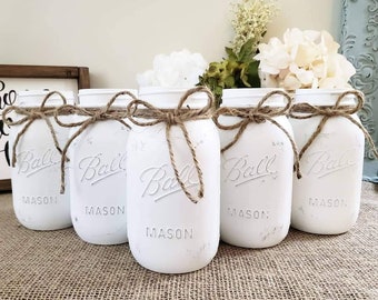 Set of 9 | Hand Painted & Distressed Mason Jar | Wedding Decor | Bridal Shower Baby Shower Centerpieces | Mason Jars