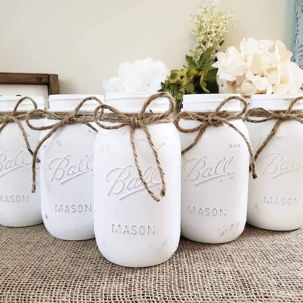 Set of 9 | Hand Painted & Distressed Mason Jar | Wedding Decor | Bridal Shower Baby Shower Centerpieces | Mason Jars | Painted Mason Jars