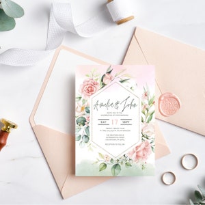 Peach|Pink|Blush|Green Wedding Invitation | Template | Wedding Invite Template | Wedding Invite | DIY Wedding Invite | AMELIA