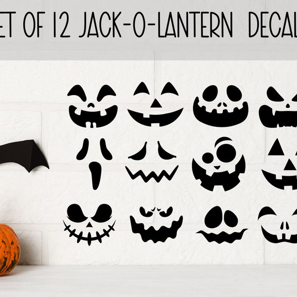 Set of 12 Halloween Jack O' Lantern Face Decals - Permanent Vinyl