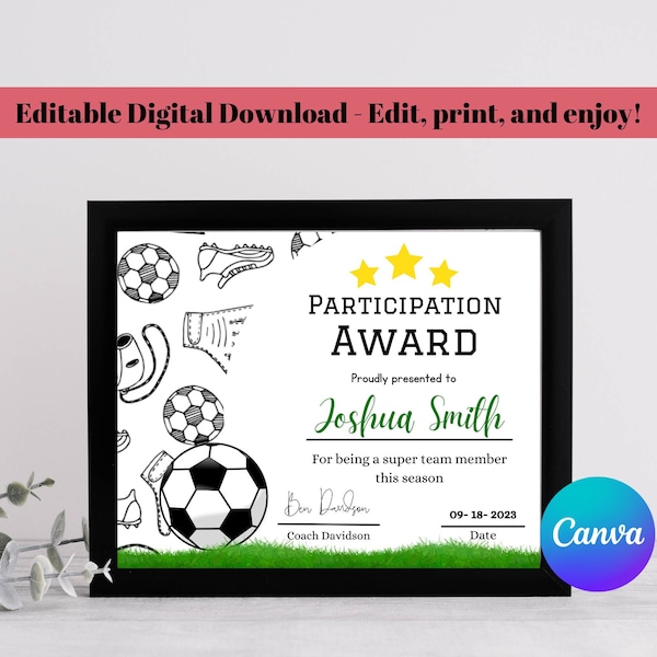 Soccer Certificate of Participation Template Etsy