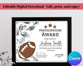 Football Award, Editable Football Participation Certificate, Football Participation Award Printable, Football Award Certificate, Download