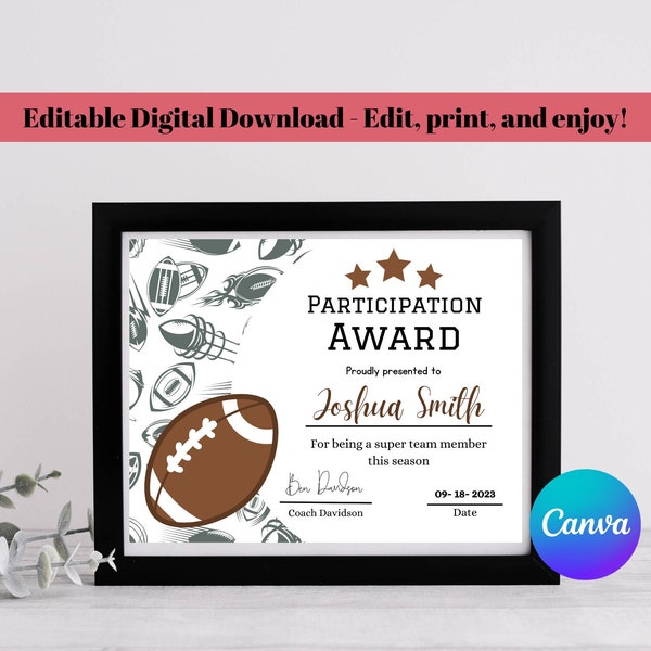 Football Award, Editable Football Participation Certificate, Football Participation Award Printable, Football Award Certificate, Download