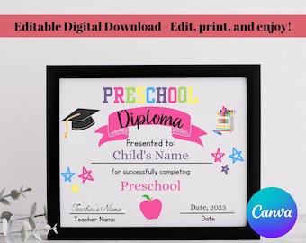 Plantilla editable de diploma de preescolar: Certificado de graduación (descarga digital)