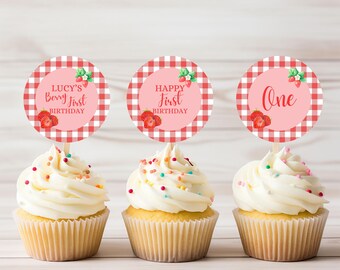 Berry First Birthday Cupcake Toppers: Editable Strawberry Party (Digital Download)