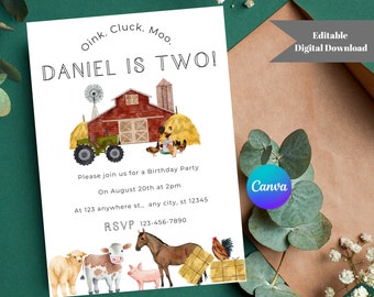 Farm Animals Birthday Invitation: Editable Barnyard Theme (Digital Download)