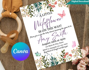 Modello di invito per baby shower con fiori di campo: design modificabile Canva (download digitale)
