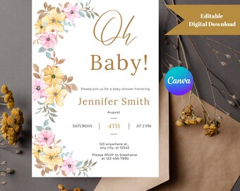 May include: A white baby shower invitation with a floral border in shades of yellow, pink, and green. The text reads "Oh Baby!" and includes the name "Jennifer Smith", the date "August 4th", and the time "AT 2 PM".