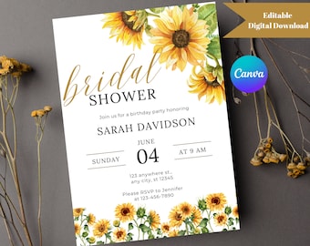 Sunflower Bridal Shower Invitation: Editable Canva Template (Digital Download)