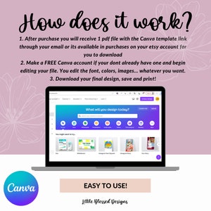 May include: A laptop computer screen displaying the Canva website with the text "What will you design today?" and a search bar. The screen also shows a variety of design templates, including a whiteboard, Instagram post, Instagram story, and "Your Story". The laptop is on a pink background with the text "How does it work?" and "EASY TO USE!" in black. The text "Canva" and "Little Blessed Designs" are also visible.