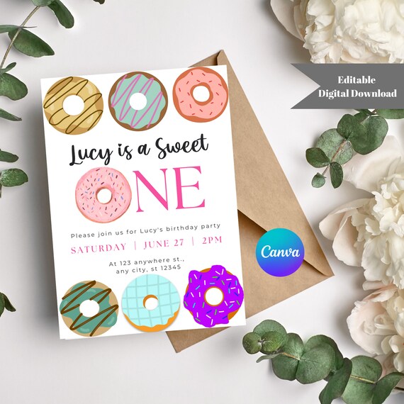 Donut First Birthday Invitation: Editable Sweet One Invite (Digital Download)