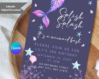 Mermaid Birthday Invitation: Splish Splash Bash, Editable Canva Template (Digital Download)