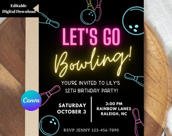 Bowling Birthday Invitation: Editable Template (Digital Download)