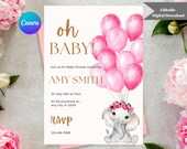 Pink Elephant Baby Shower Invitation: Editable Template (Digital Download)
